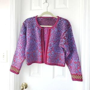 VTG Oleana Norway Floral Crop Bolero Sweater Jacket Blue Maroon Wool Sz S Rare